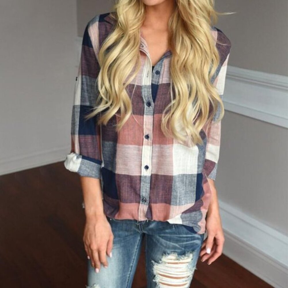 Women's Lapel Casual Long Sleeve Plaid Shirt
